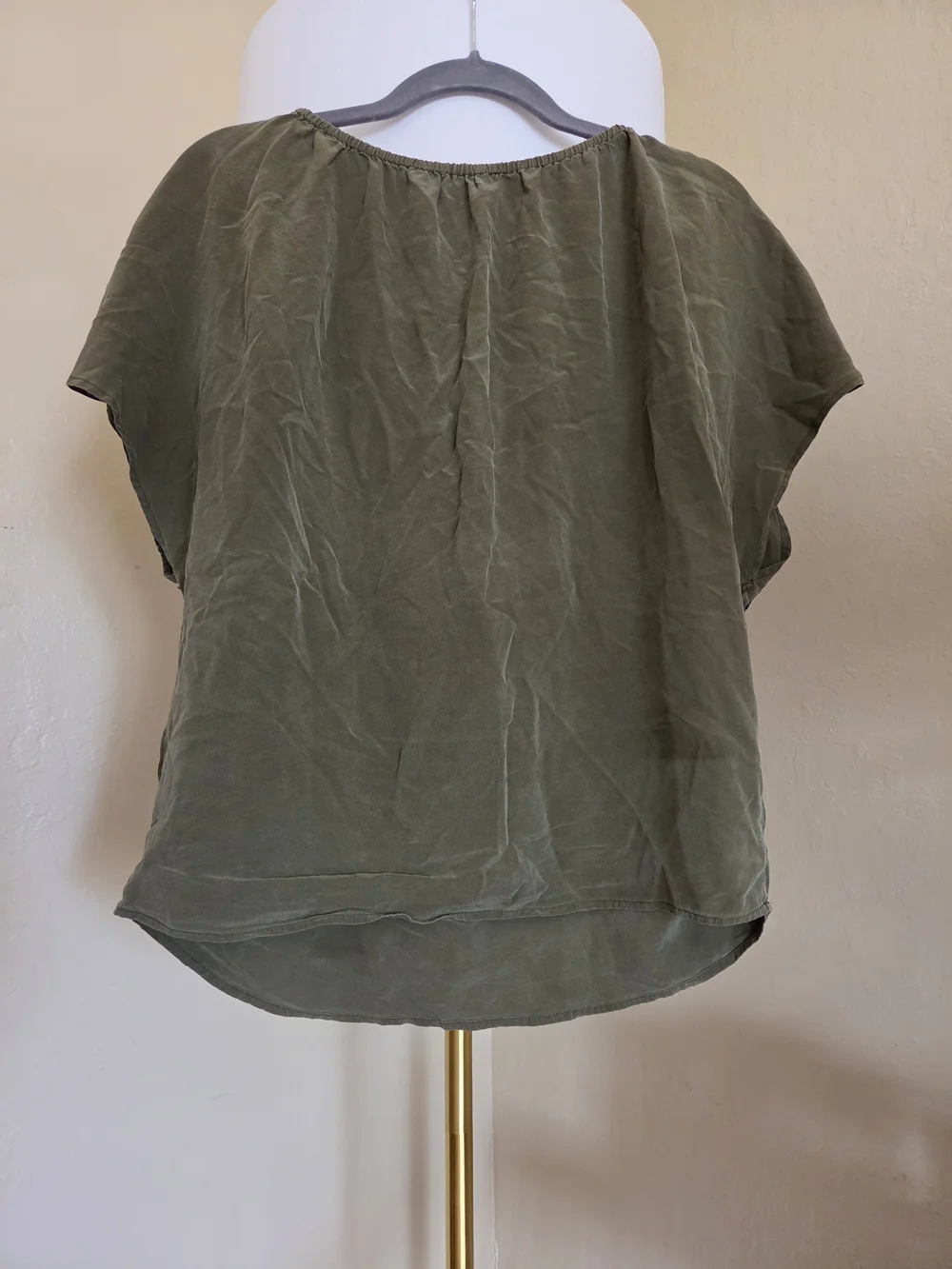 Tory Burch Dark Green Olive Camille Top with Navy Embroidery and Mirror Accents
